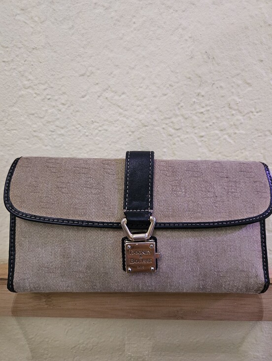 Dooney & Bourke Handbags - Dooney & Bourke Vintage Tan Signature Canvas Checkbook Wallet with Black Trim